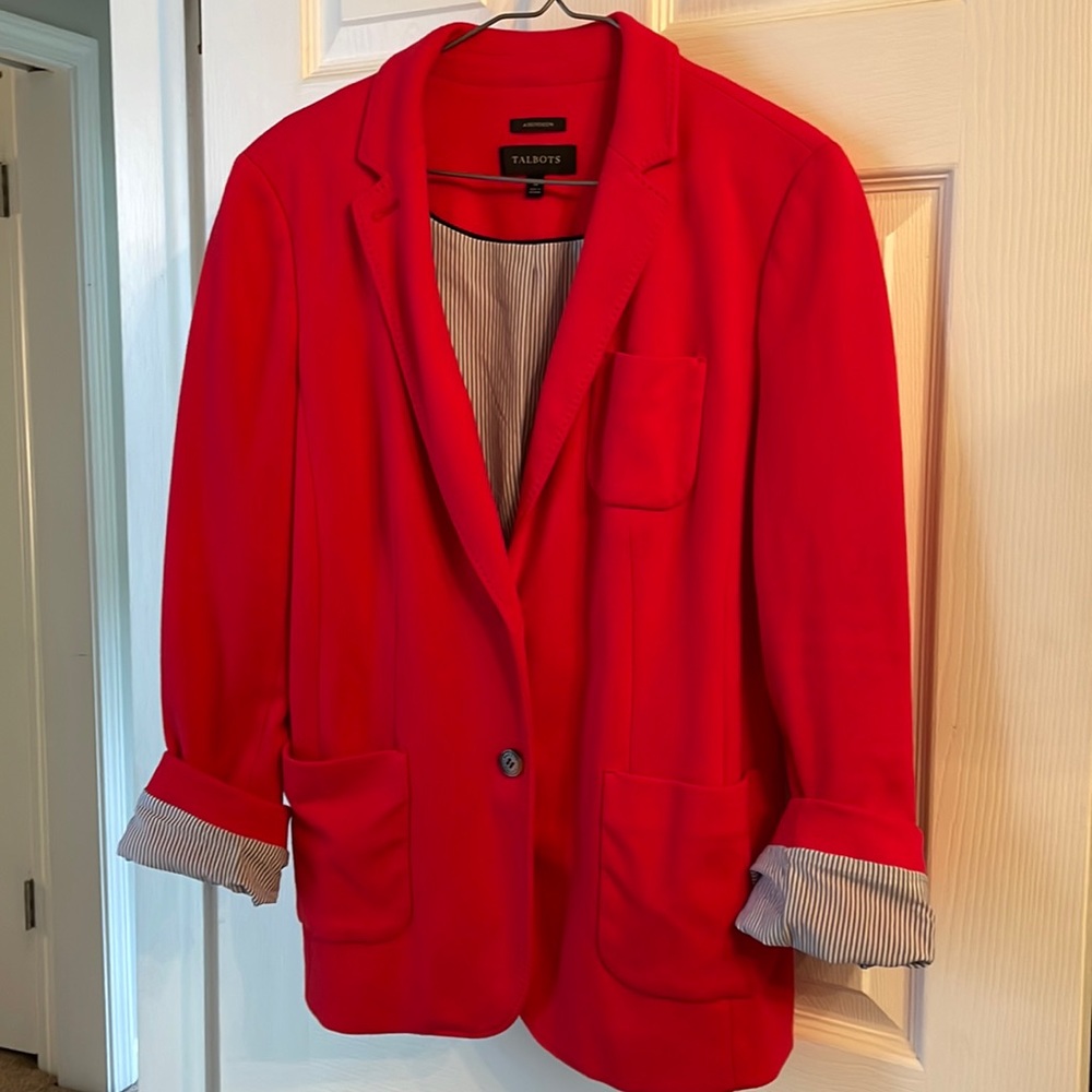 Talbots Red Blazer with seer sucker interior and roll sleeves, 14